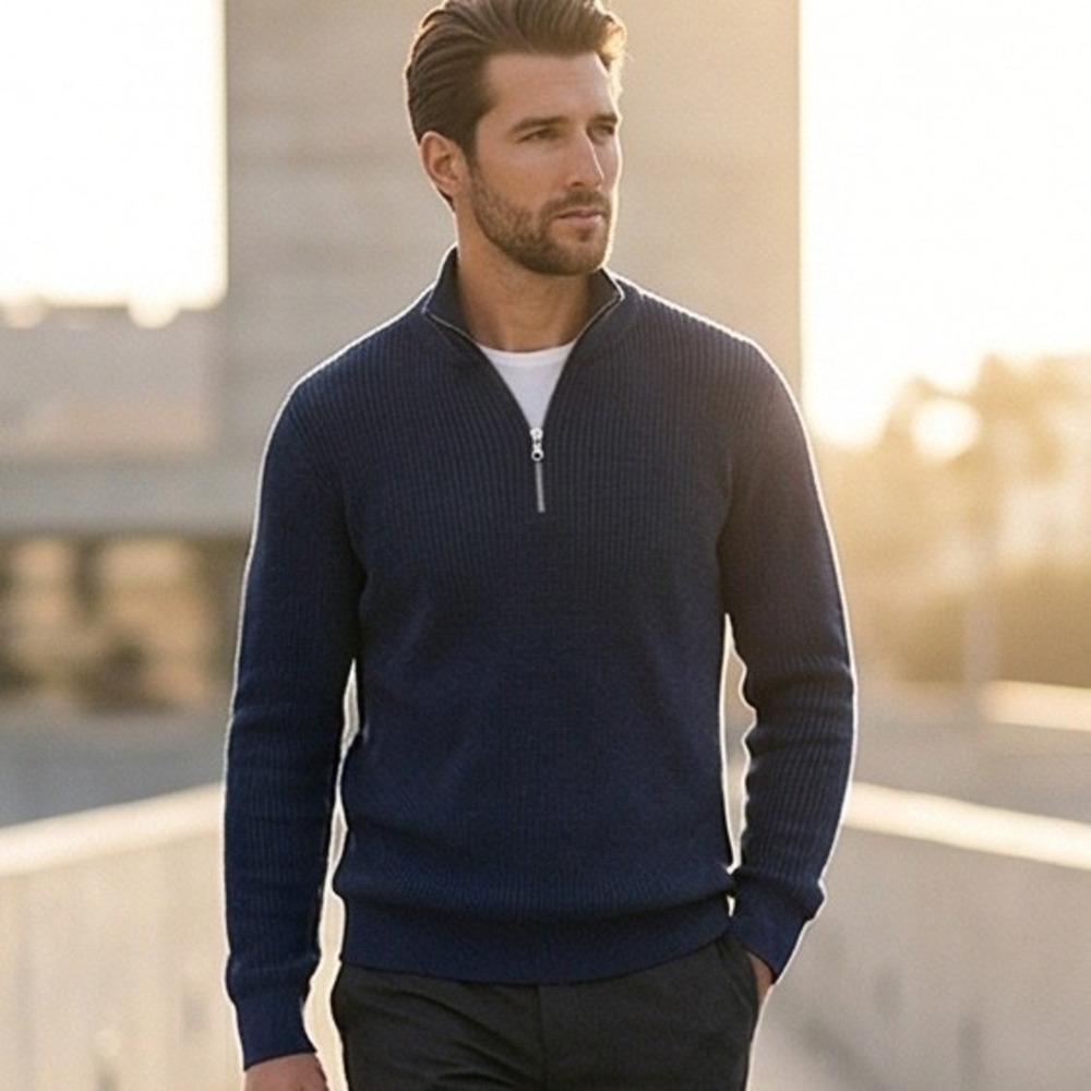 Banana Republic Mens XL Extra‎ Fine Merino Wool Quarter Zip Sweater Blue
